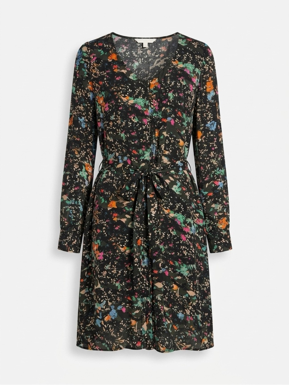 Floral Print Long-Sleeve Dress in Black
